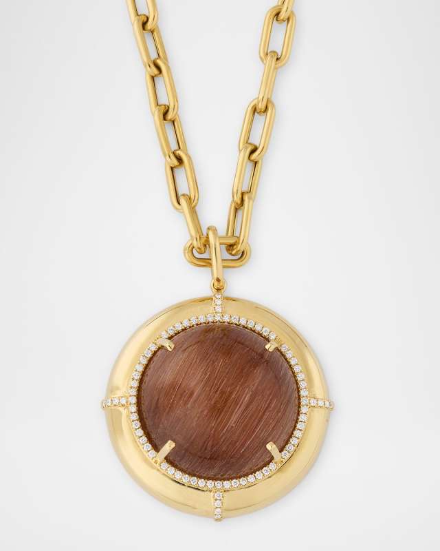 Limited Edition 18K Yellow Gold Round Rutilated Quartz Medallion Pendant Necklace with Diamonds
